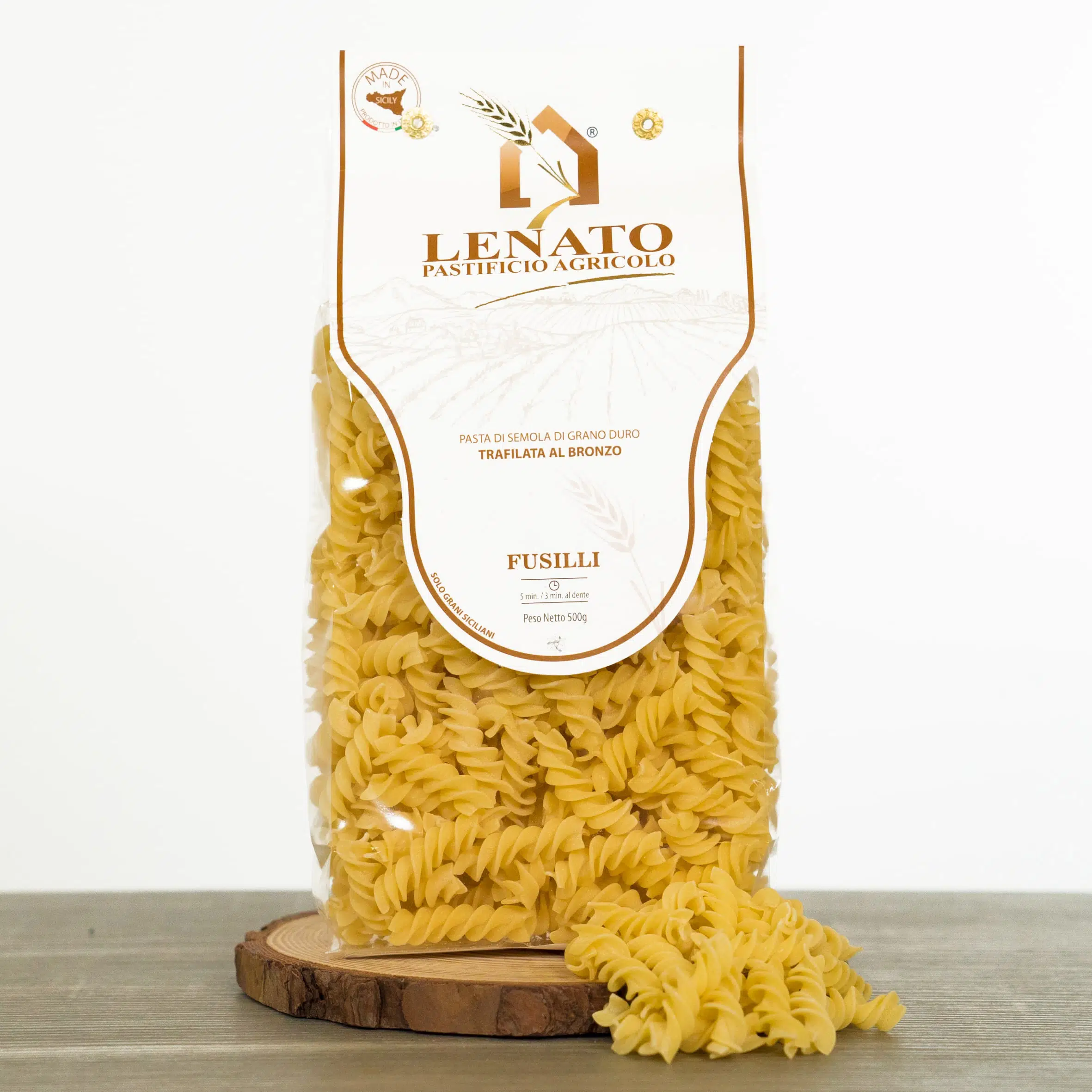 Pacchetto di fusilli Lenato, pasta di semola di grano duro trafilata al bronzo.