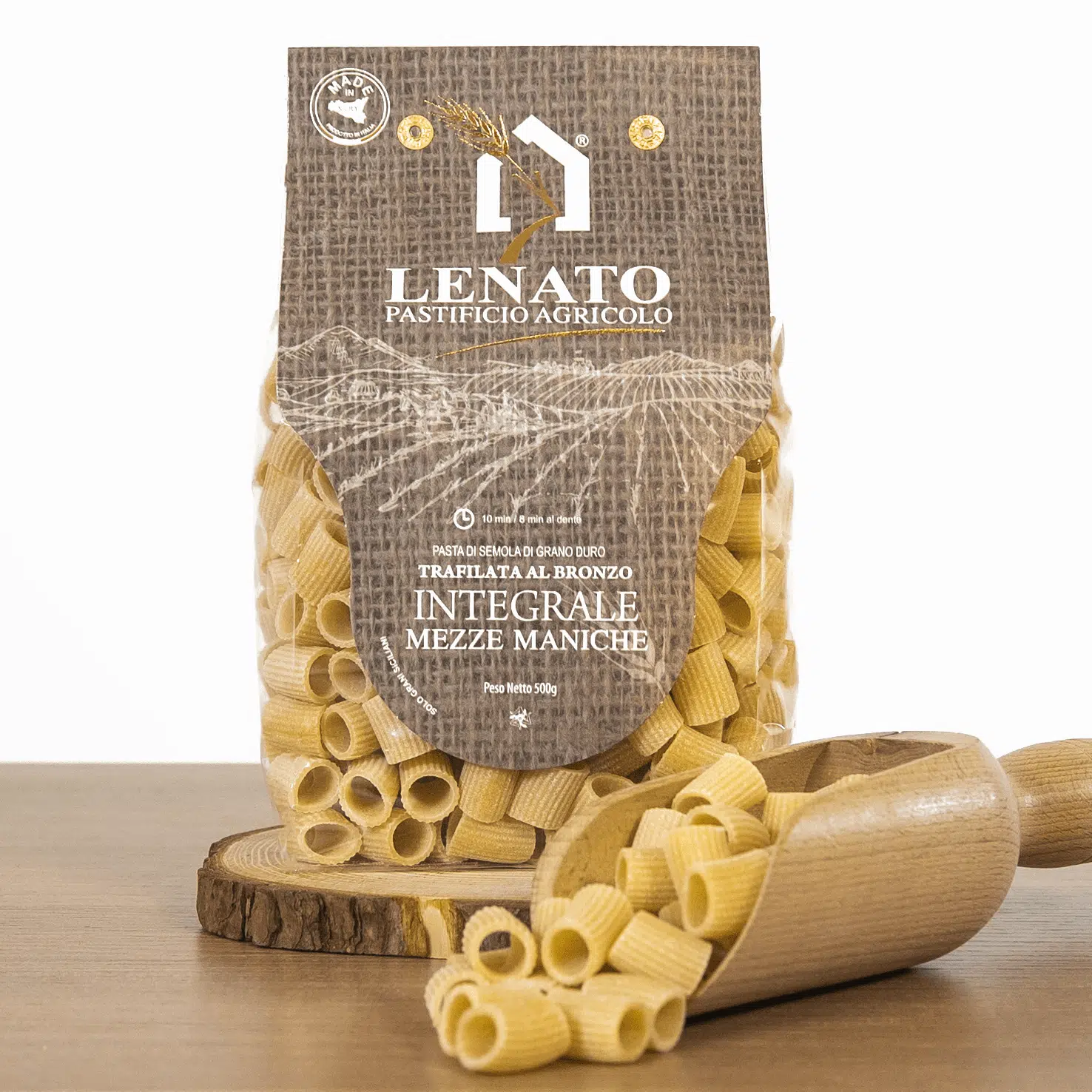 Mezze maniche integrali Lenato, 500g, trafilate al bronzo.