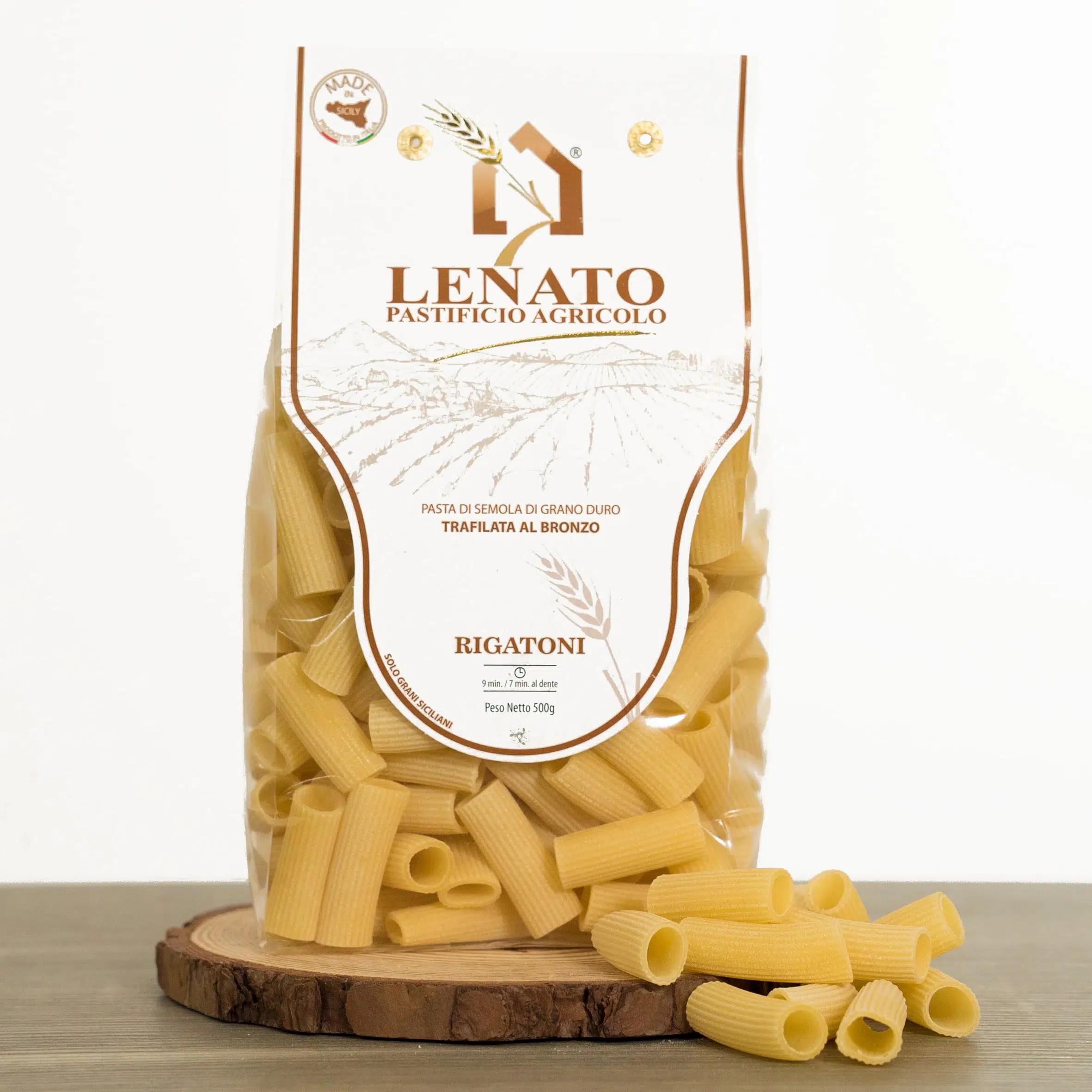 Pacchetto di rigatoni Lenato, 500g, trafilati al bronzo.