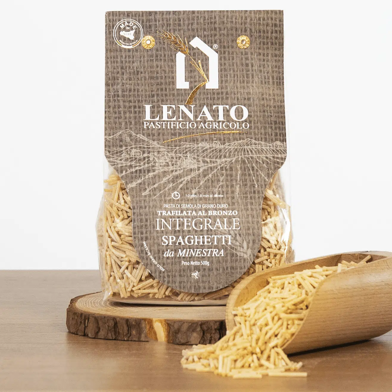 Pacchetto di spaghetti integrali Lenato da minestra.