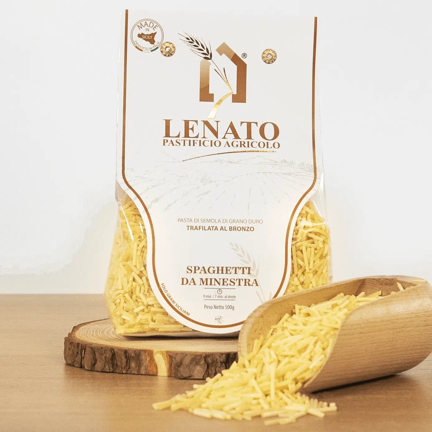 Pacchetto di spaghetti da minestra Lenato, 500g, trafilati al bronzo.