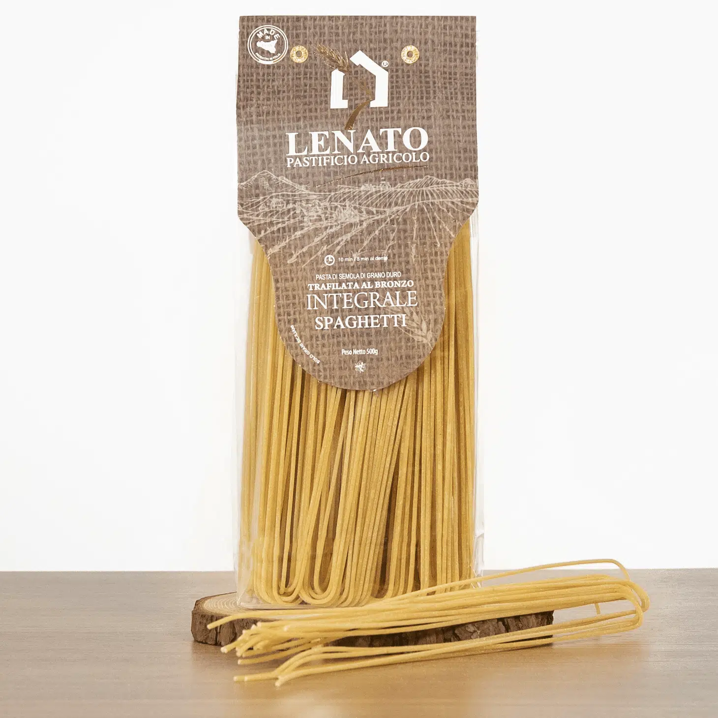Pacchetto di spaghetti integrali Lenato, trafilati al bronzo.